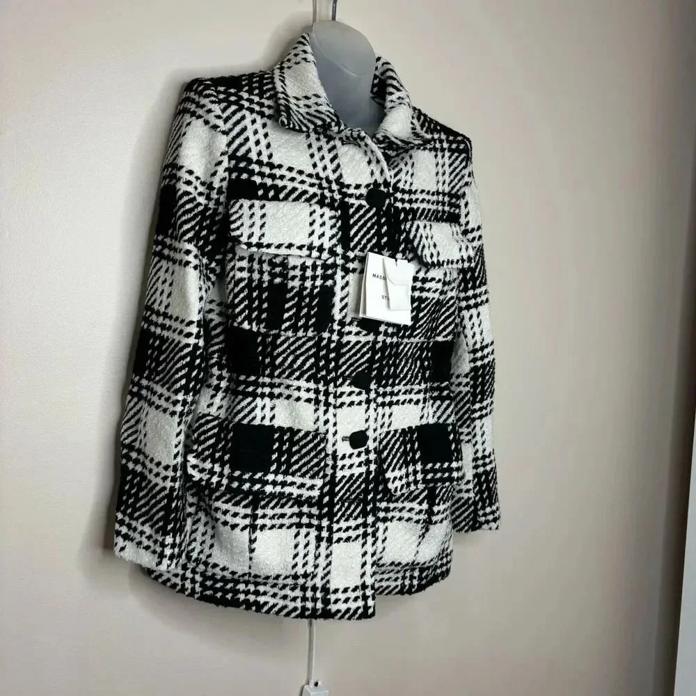 Massimo Dutti Black White textured Studio Jacket Plaid Coat size Small NWT